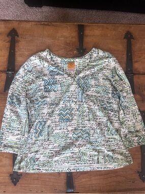 Ruby Rd. Patterned V-Neck Blouse in Teal, Cream and Black